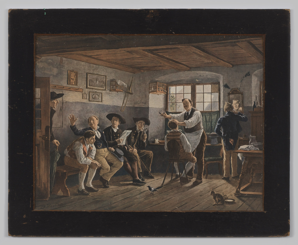 Reproductie, ingelijst, achter glas, van een schilderij voorstellende het interieur van een kapperszaak.