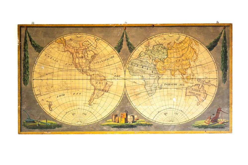 Wereldkaart van Jan Gerrits Rijkens, op planken geschilderd