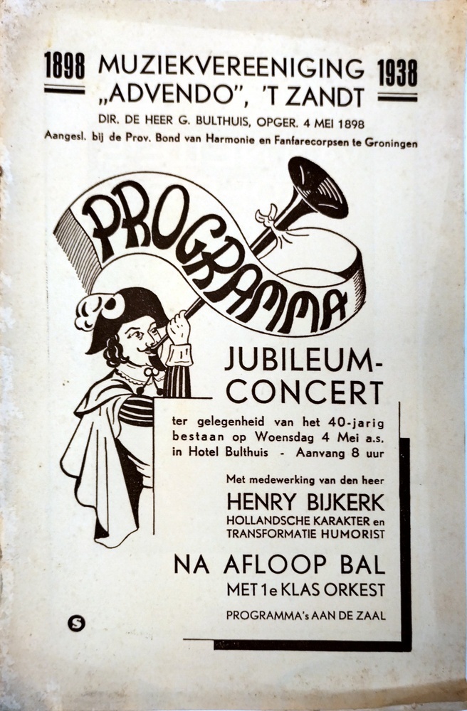 Muziekvereeniging 'Advendo''t Zandt. 1898-1938. Programma jubileumconcert 4 mei 1938.