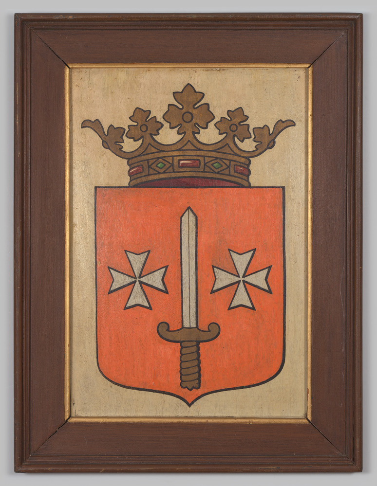 Het gemeentewapen van Warffum, geschilderd op paneel en ingelijst