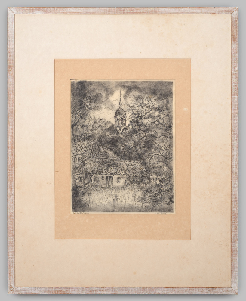 Lithografie, ingelijst, achter glas, voorstellende een gezicht op de kerk van Breede