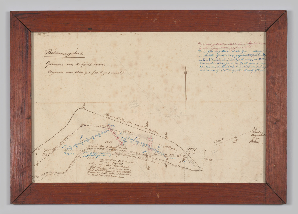 Met de pen getekende kaart van Rottumerplaat, ingelijst, achter glas