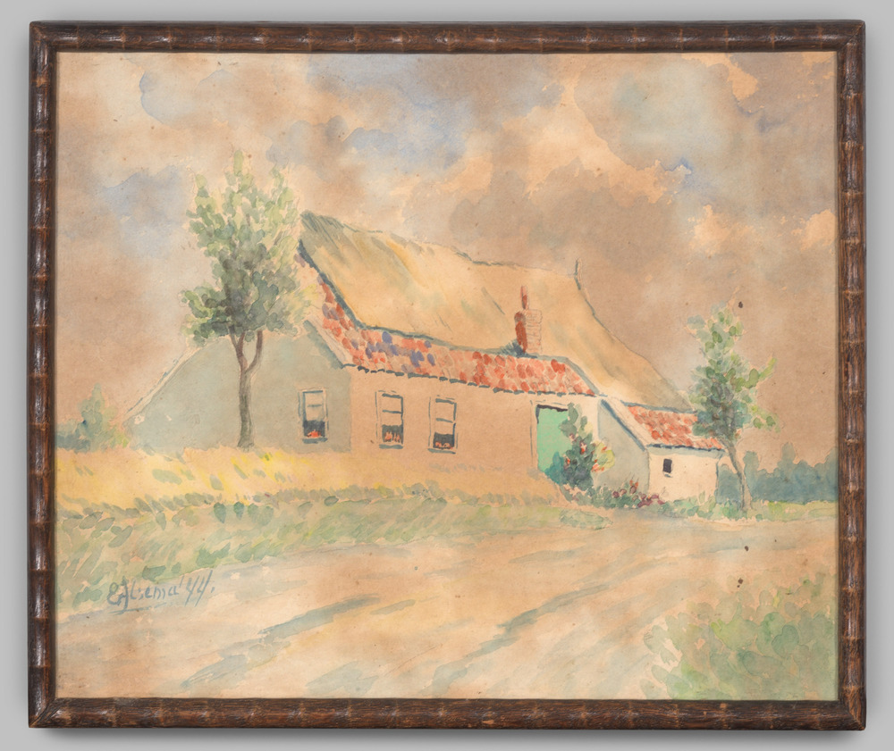 Aquarel, ingelijst, achter glas, voorstellende een boerderijtje.