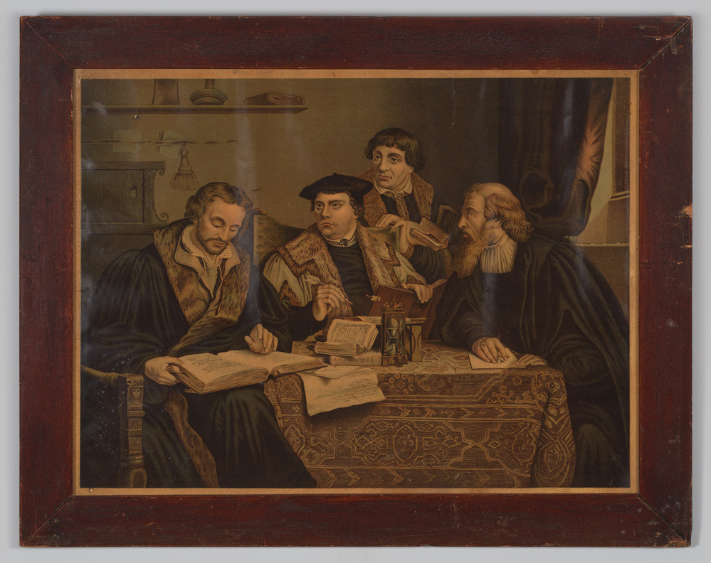 Prent, ingelijst, achter glas, voorstellende een groepsportret van vier mannen