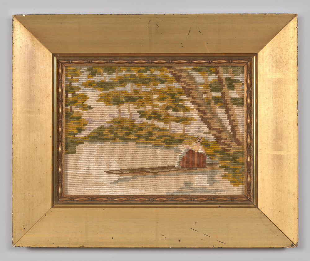 Borduurwerk; voorstellende natuurtafereel en persoon