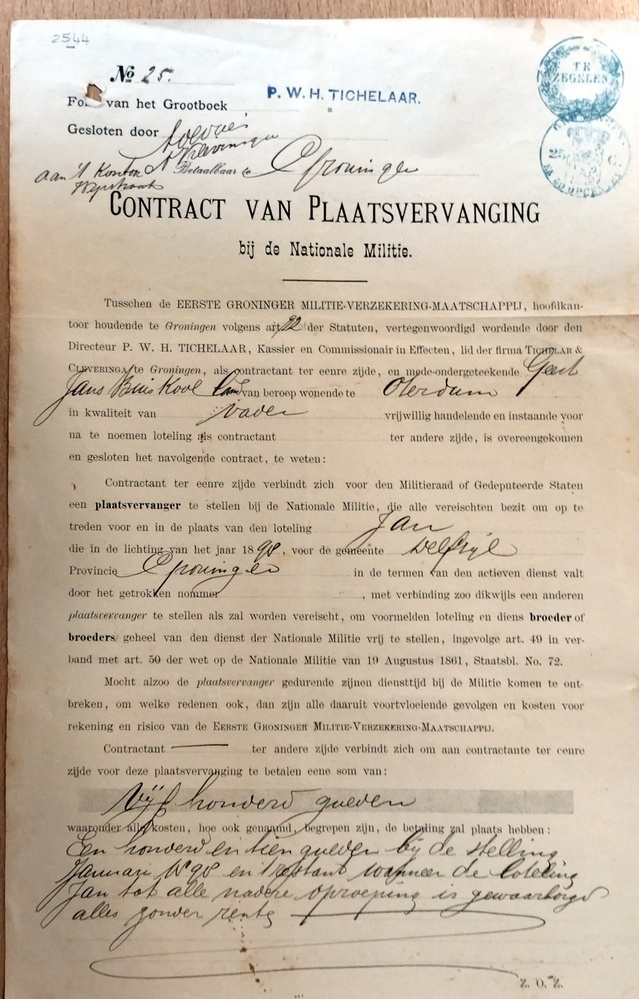 Contract van Plaatsvervanging van Nationale Militie, betreft: Jan Buiskool. 1897