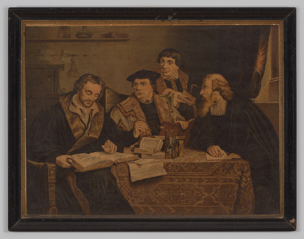 Prent, ingelijst, geen glas, voorstellende groepsportret van vier mannen