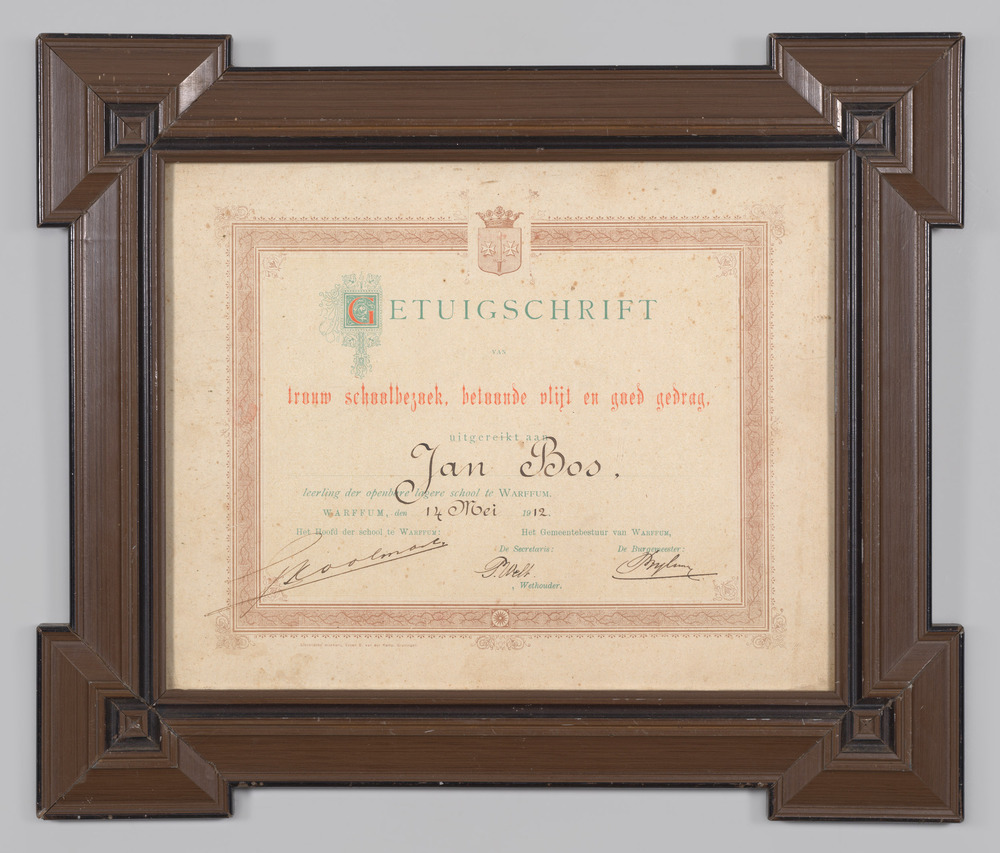 Getuigschrift aan Jan Bos
