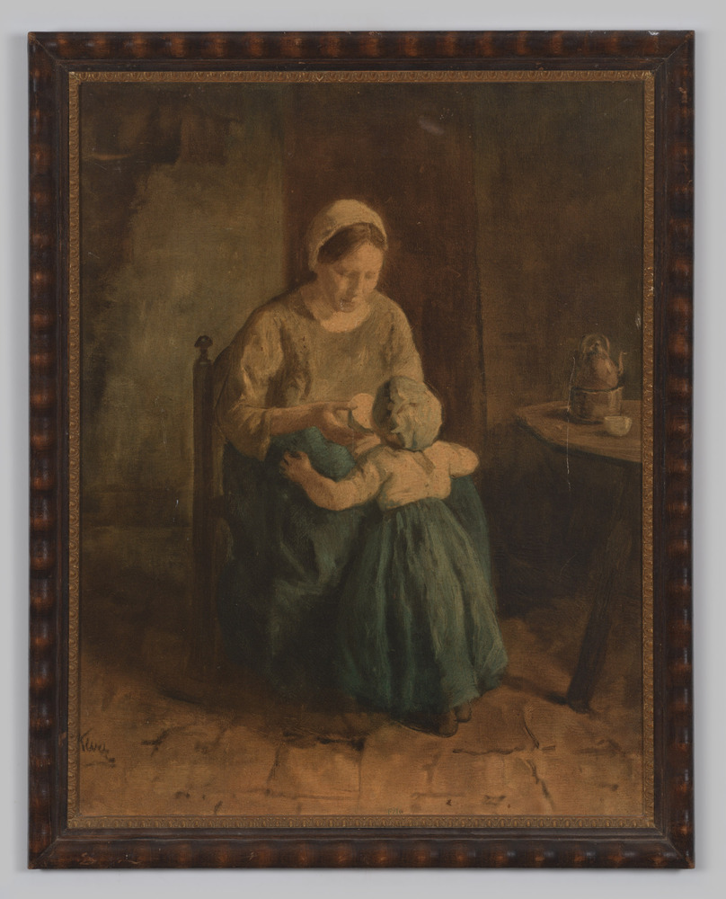 Schilderij, olieverfschilderij, keukentafereel van vrouw en kind, ingelijst