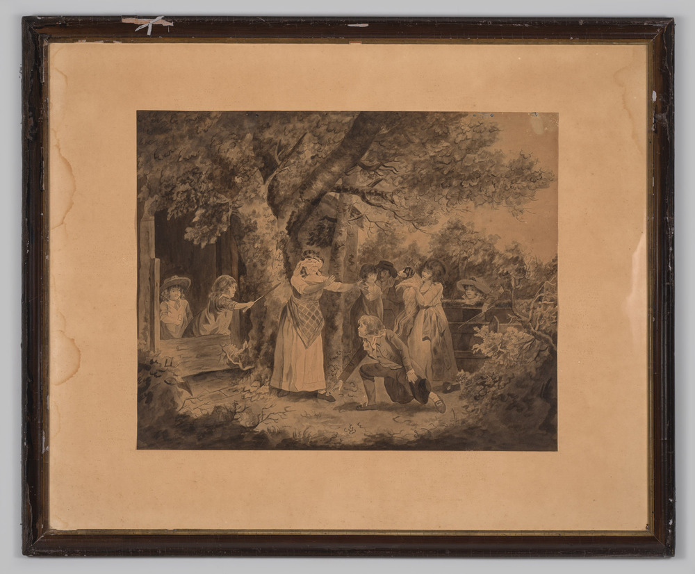 Prent, ingelijst, achter glas, voorstellend spelende kinderen