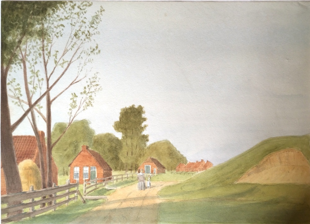 Aquarel voorstellende landweggetje met aantal huisjes