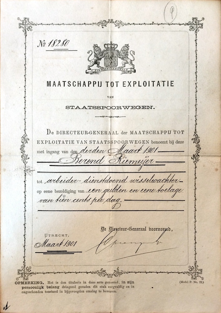 De directeur-generaal der maatschappij tot exploitatie van staatsspoorwegen benoemt bij deze met ingang van den derden Maart 1901 Berend Riemeijer tot arbeider dienstdoend wisselwachter.