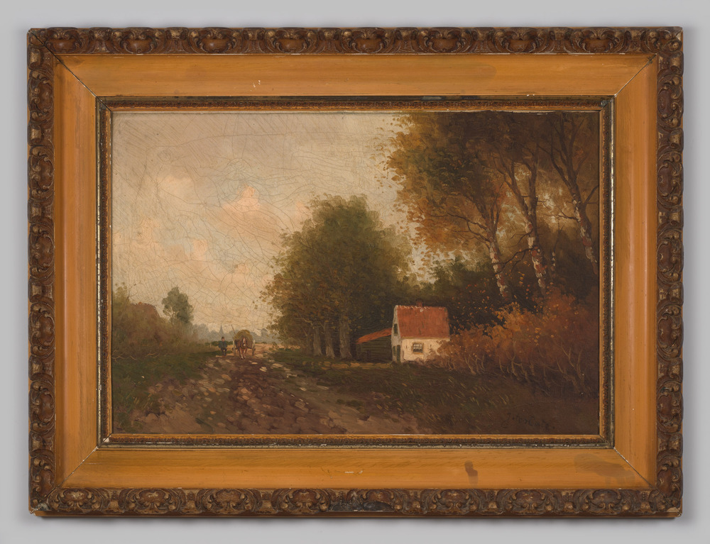 Schilderij, ingelijst, geen glas, voorstellende landschap met wit huisje