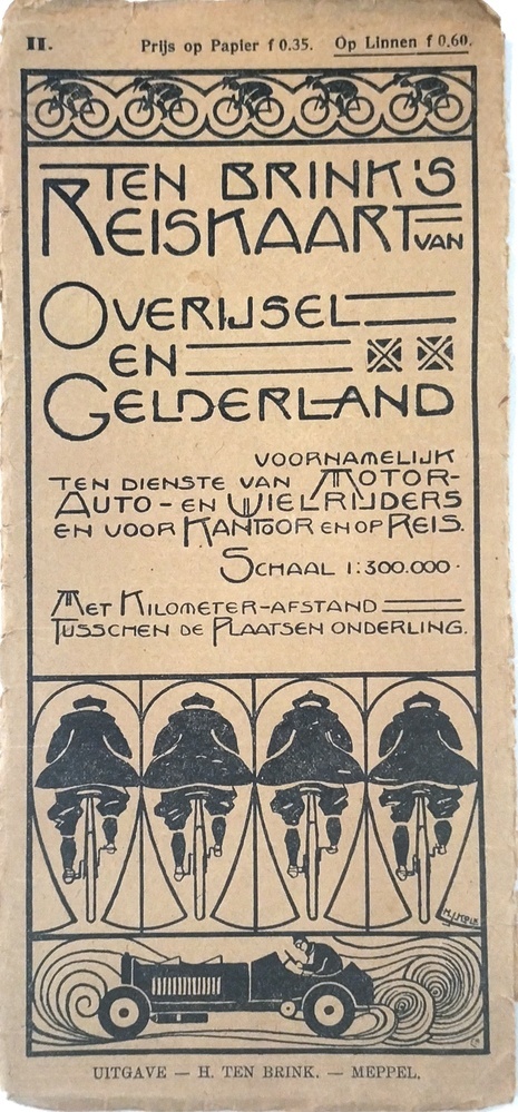 Ten Brink's Reiskaart van Overijsel en Gelderland; voornamelijk ten dienste van motor- auto- en wielrijders en voor kantoor en op reis. 1908