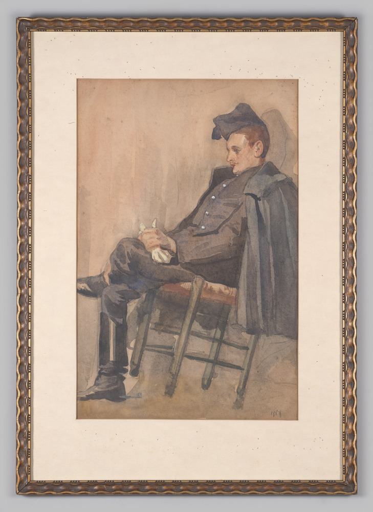 Aquarel, ingelijst, achter glas, voorstellende grenadier op stoel