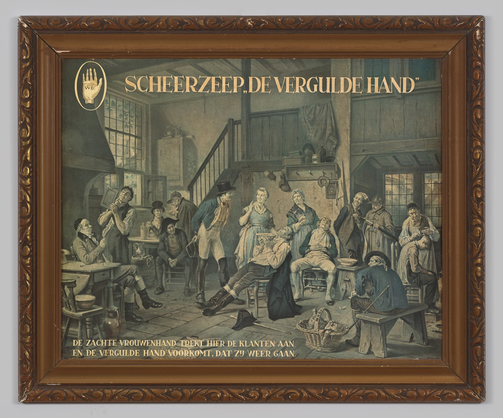 Reclameplaat, ingelijst, geen glas, voor De Vergulde Hand scheerzeep