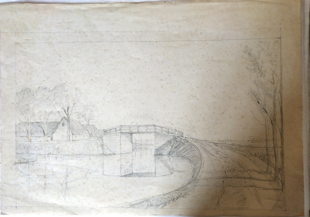 Tekening voorstellende brug met huis/boerderij