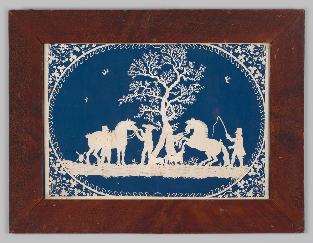 Knipwerk, ingelijst, achter glas, voorstellende paarden, personen en honden in een open landschap