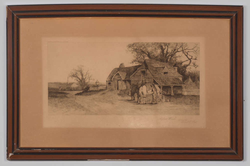 Ingelijste ets, getiteld After Work, voorstellende werkpaarden uitgespannen en etend voor boerenwoning.