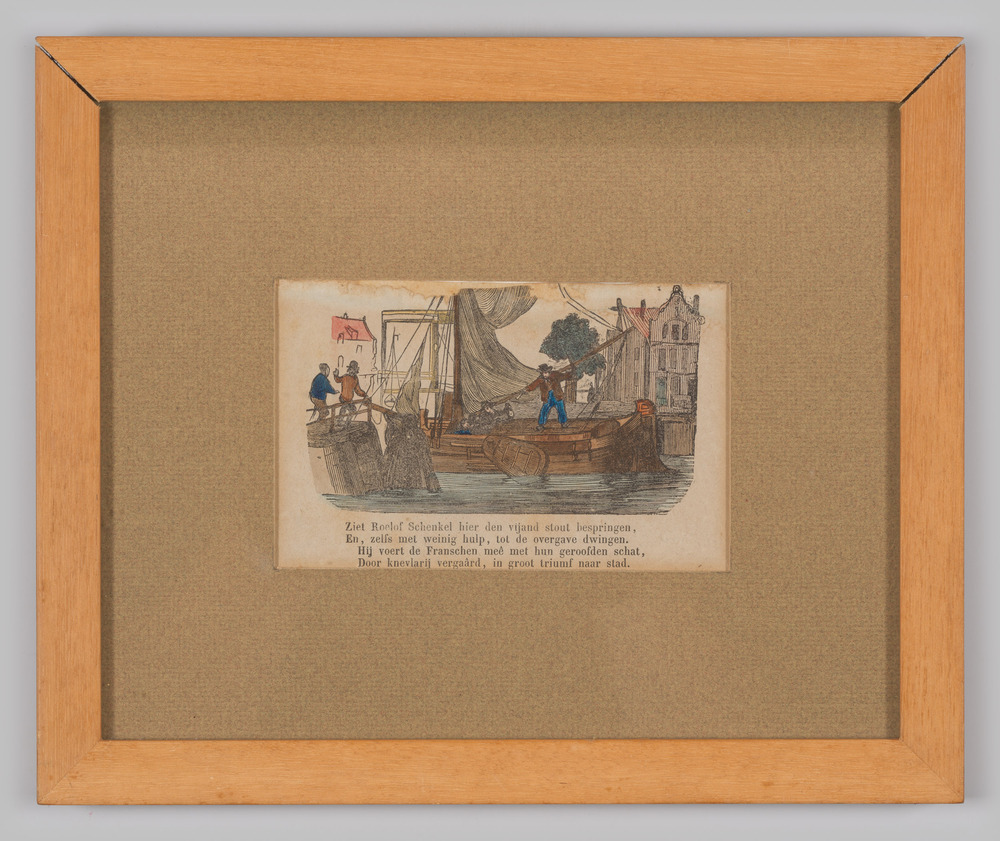 Prent "Ziet Roelof Schenkel..." enz. Ingelijst, achter glas.
