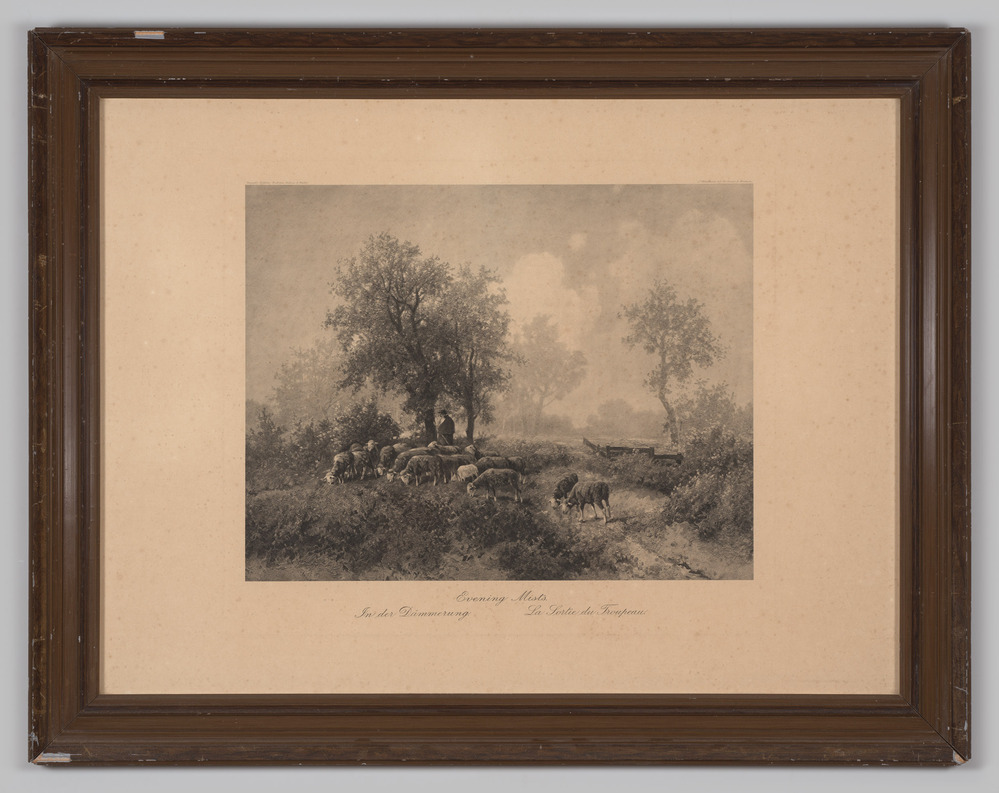 Prent, ingelijst, achter glas "Evening Mists/In der Dämmerung/La Sortie du Troupeau"