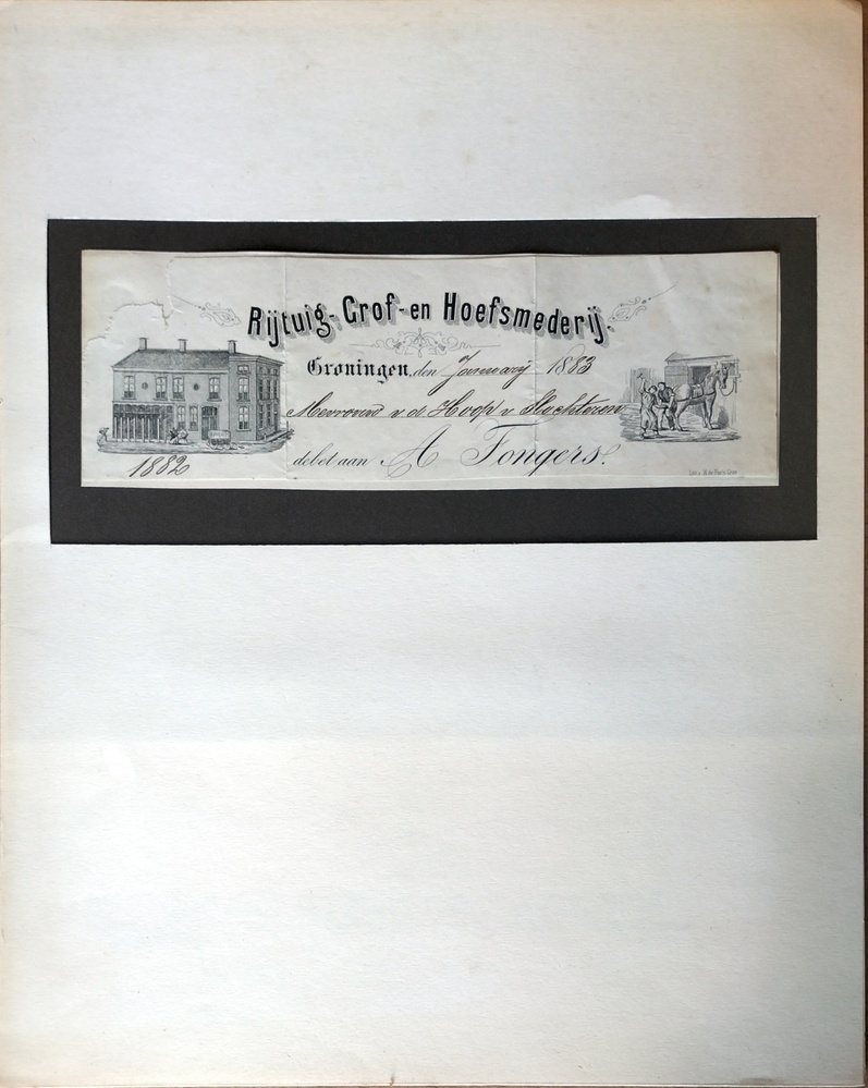 Document van Rijtuig- Grof- en Hoefsmederij met een debet aan A. Fongers, van de Hoop te Slochteren, 1882.