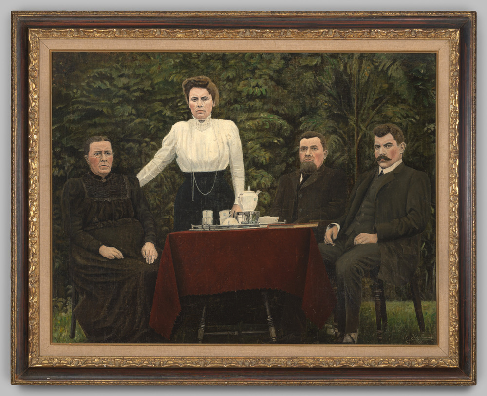 Schilderij voorstellende de familie Reitsema, thee drinkend in de tuin van haar huis in Leens