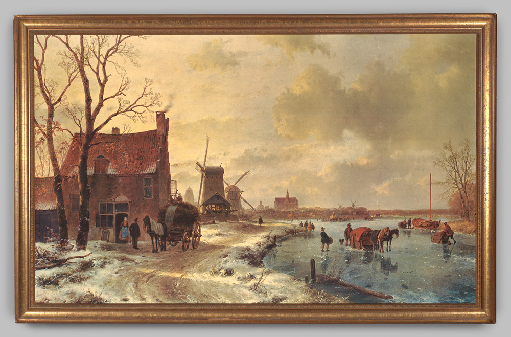 Reproductie, ingelijst, geen glas, voorstellende een winterlandschap in oud-Hollandse stijl, met gezicht op Haarlem