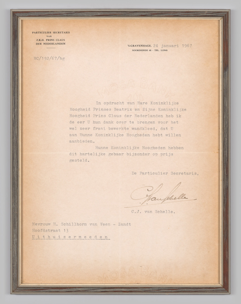 Dankbrief, ingelijst, achter glas, van het Koninklijk Huis