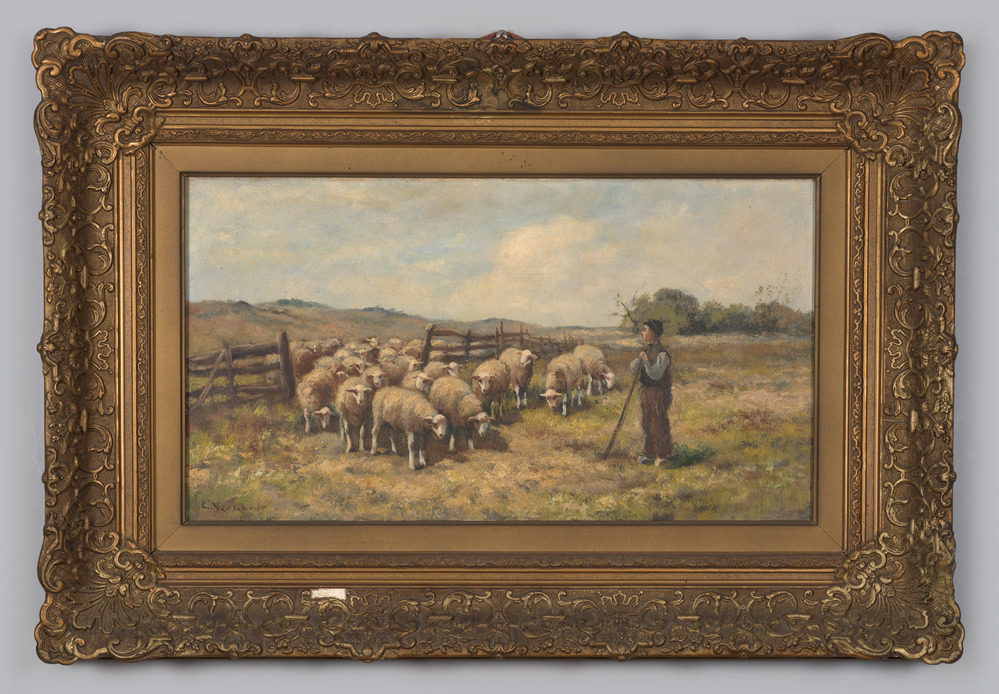 Schilderij, olieverfschilderij, ingelijst, geen glas, voorstellende een jongen met schapen