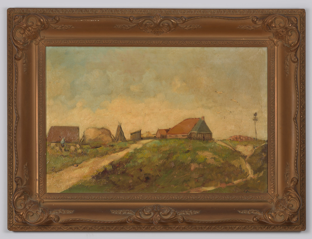 Schilderij, olieverfschilderij, ingelijst, geen glas, titel "Huis van de Voogd van Rottumeroog naar de Wal"