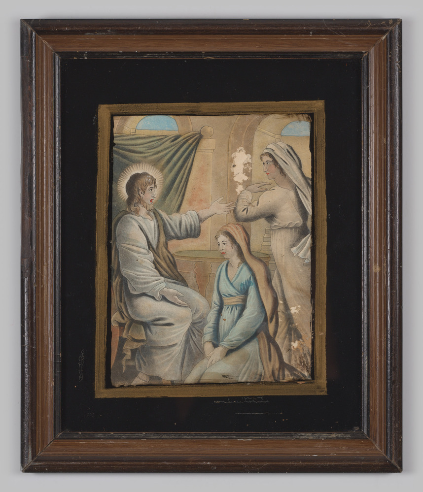 Prent, ingelijst, achter glas, met de voorstelling van Christus, Martha en Maria.