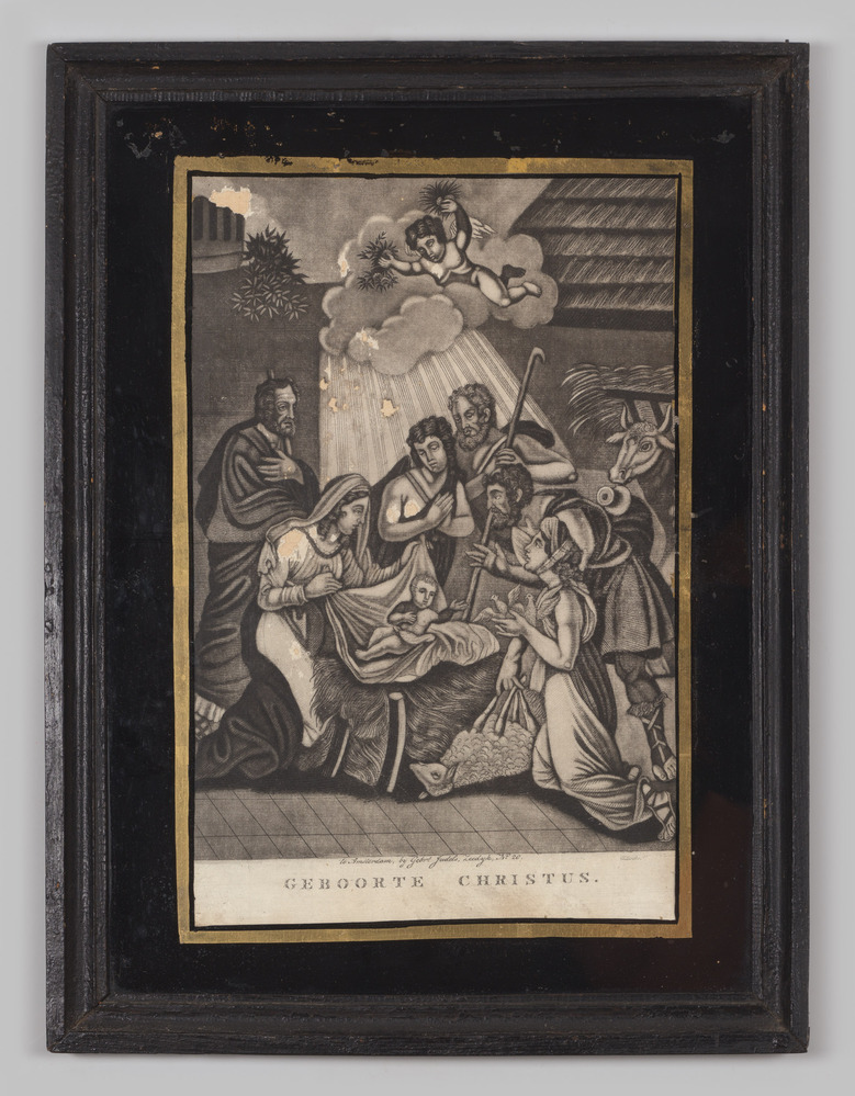 Prent "Geboorte Christus", ingelijst, achter glas