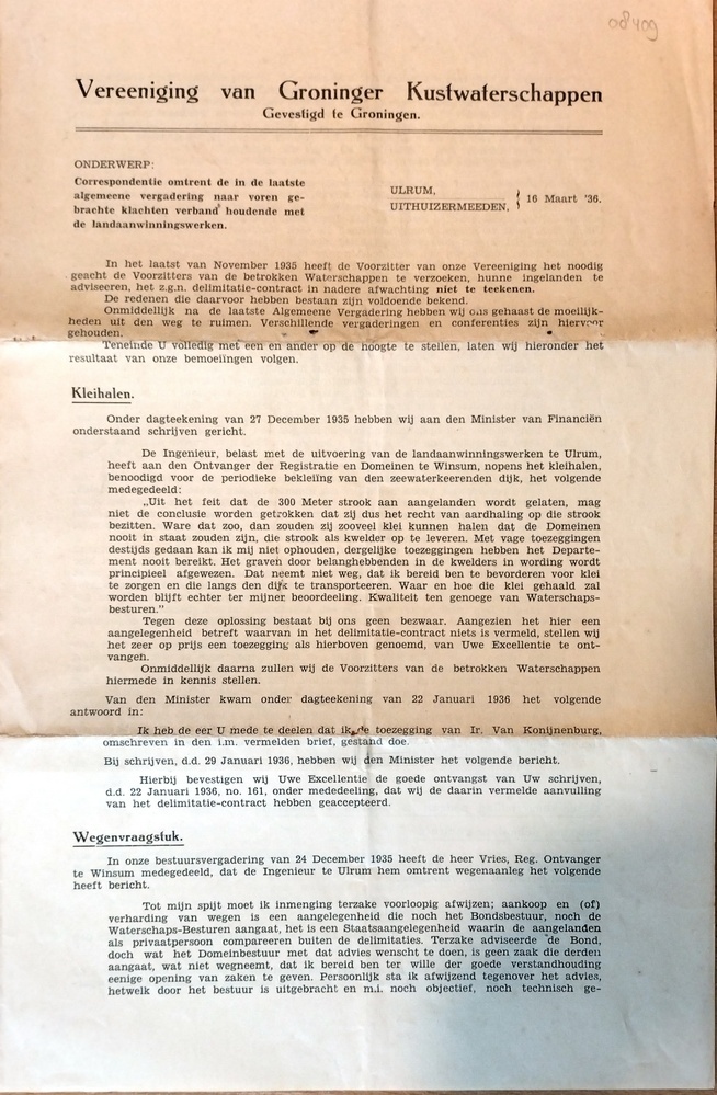 Document van Vereeniging van Groninger Kustwaterschappen over landaanwinningswerken