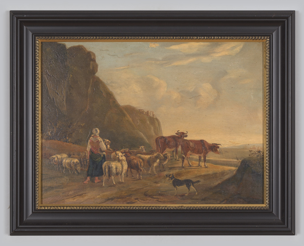 Olieverfschilderij op plaat, ingelijst, geen glas, voorstellende herderinnetje met vee en hond in landelijke setting.