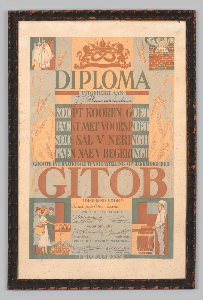 Diploma, ingelijst, achter glas, voor banketbakkerij