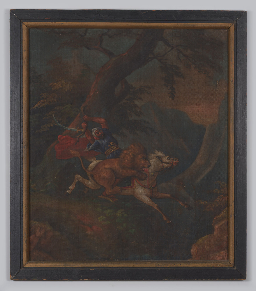 Schildering op metaalgaas, voorstellende ruiter aangevallen door leeuw