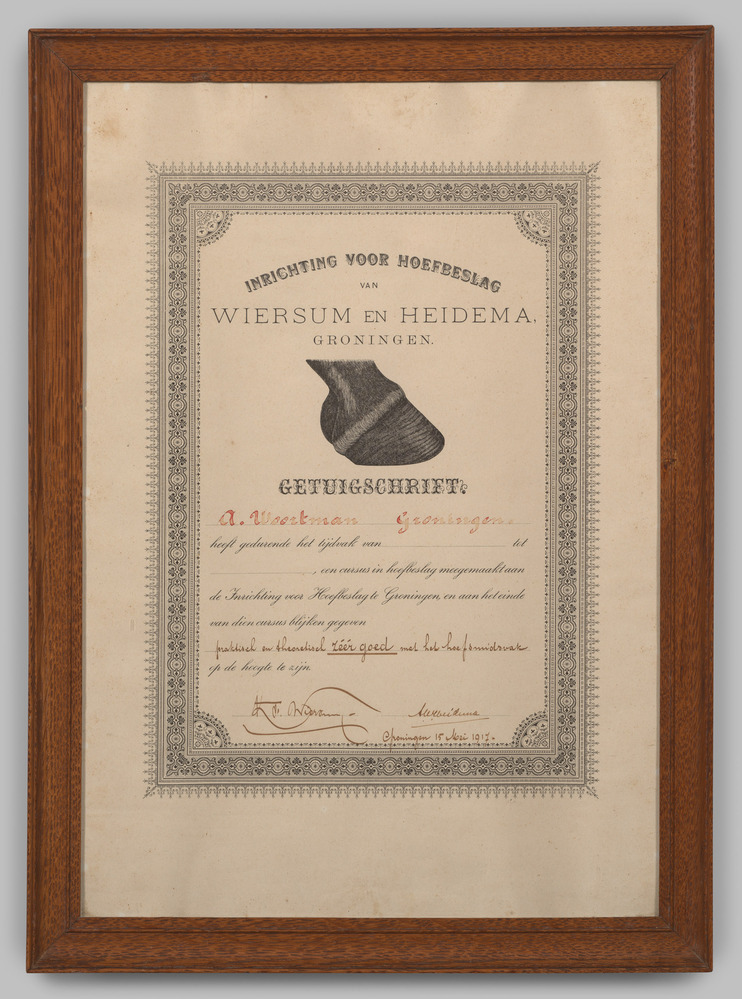 Getuigschrift, ingelijst, achter glas