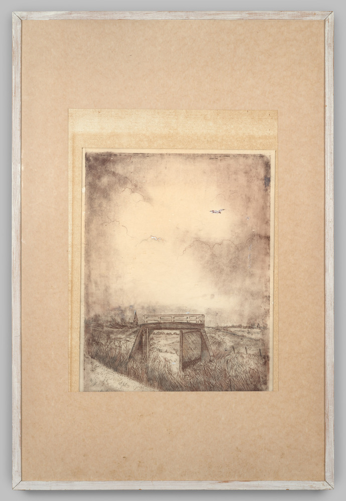 Tekening, ingelijst, achter glas, voorstellende een tafereel in de polder boven Warffum