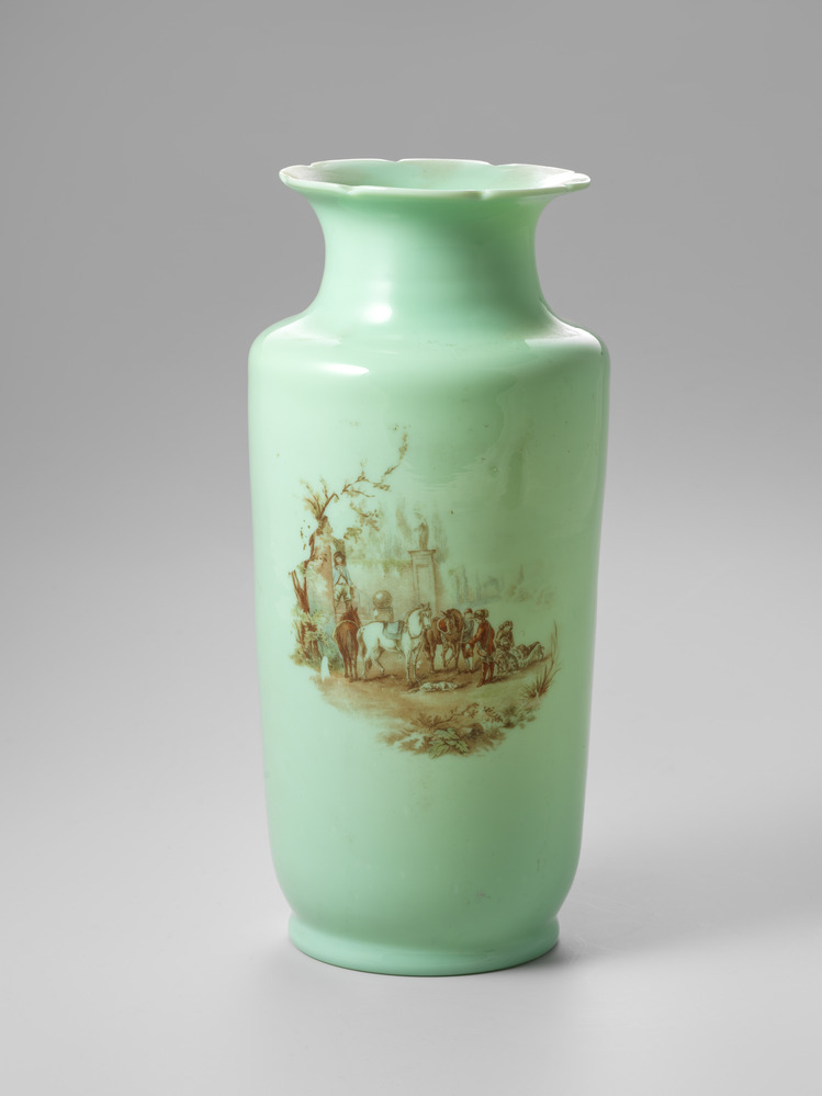 Porseleinen vaas, pastelgroen van kleur met afbeelding