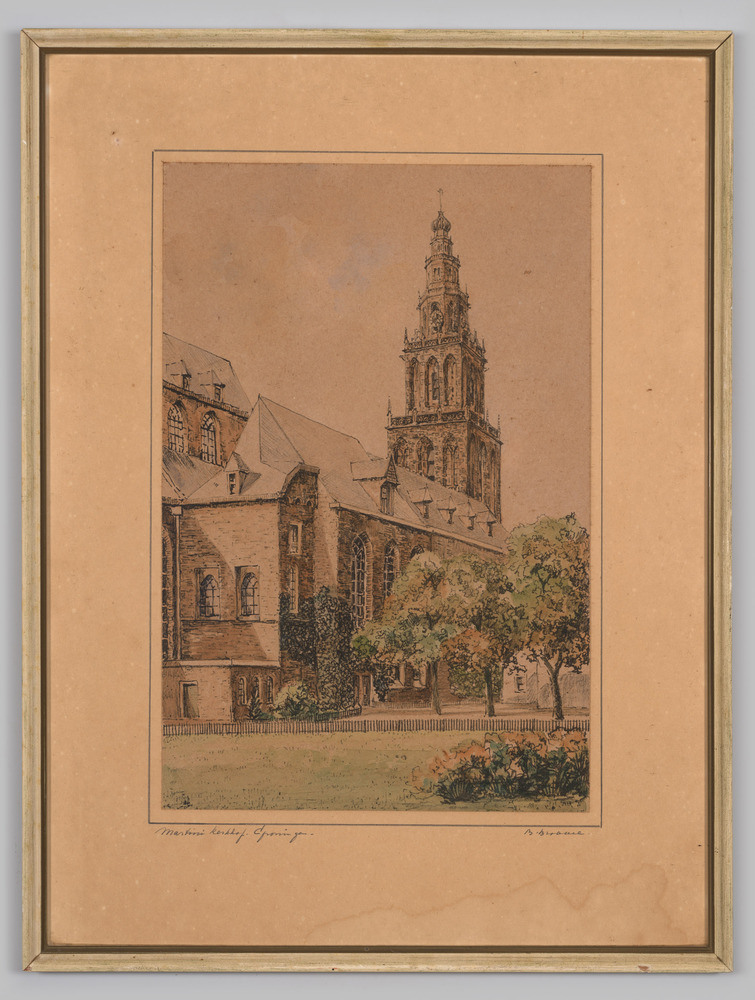 Aquarel van het Martinikerkhof (Groningen), ingelijst, achter glas