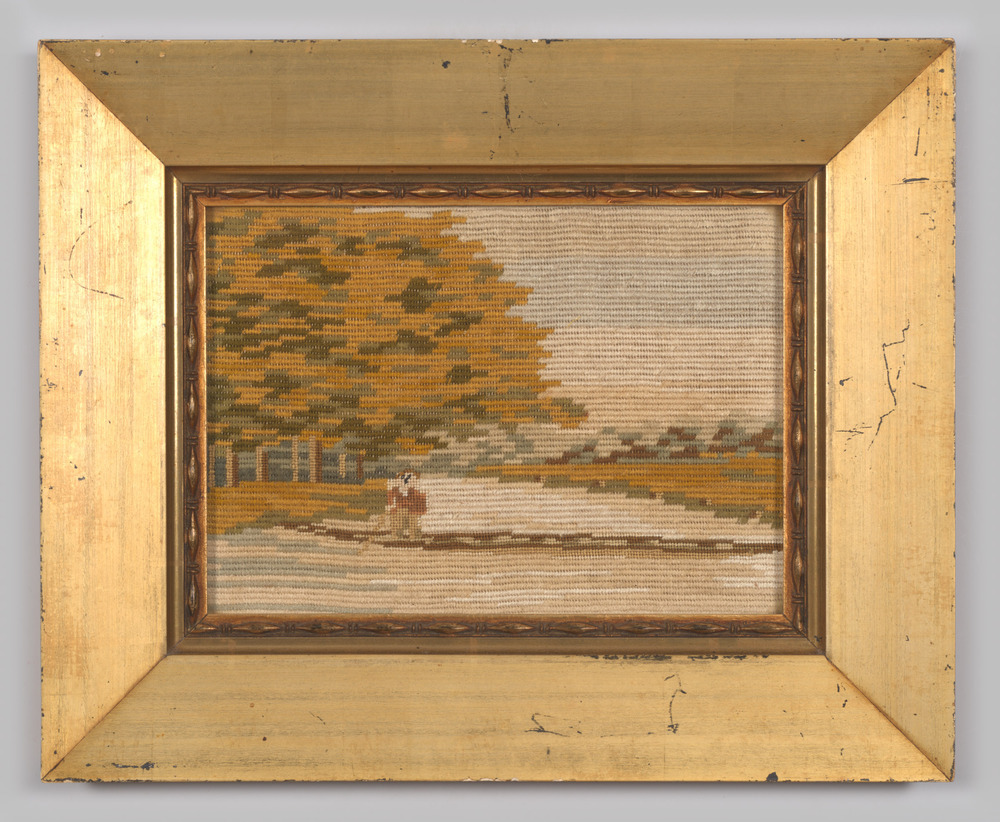 Borduurwerk; voorstellende natuurtafereel en persoon