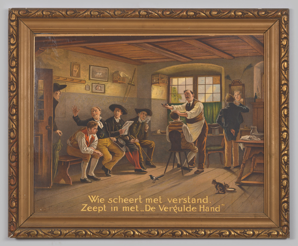 Reclameplaat voor scheerzeep De Vergulde Hand, ingelijst, geen glas.