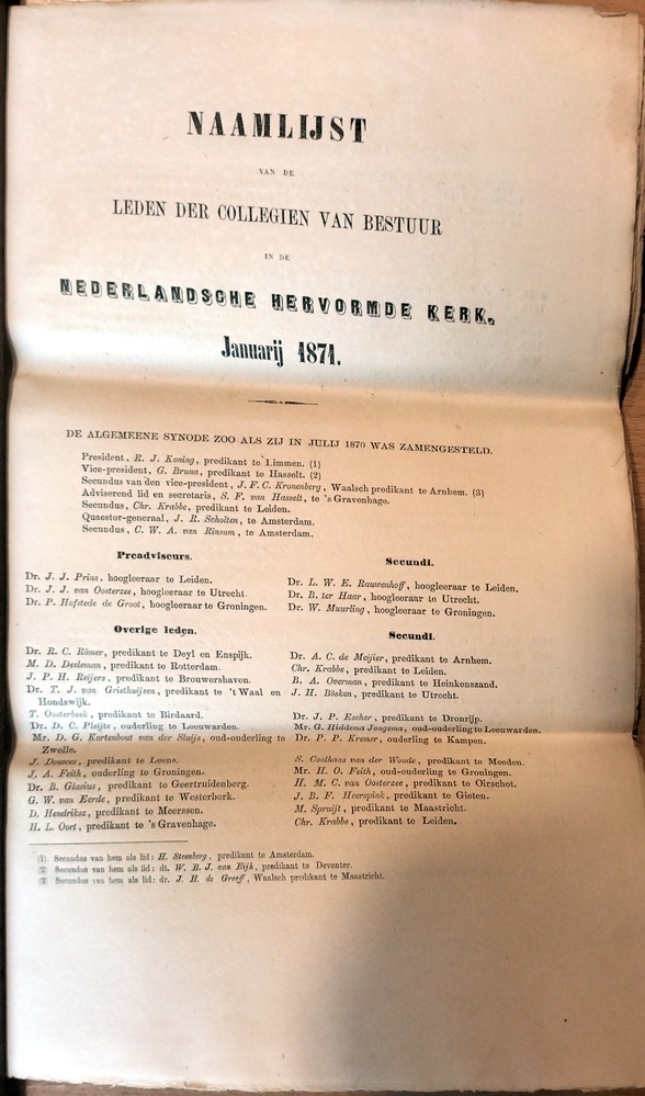 Naamlijst van de leden der collegien van bestuur in de Nederlandse Hervormde Kerk Januarij 1871.