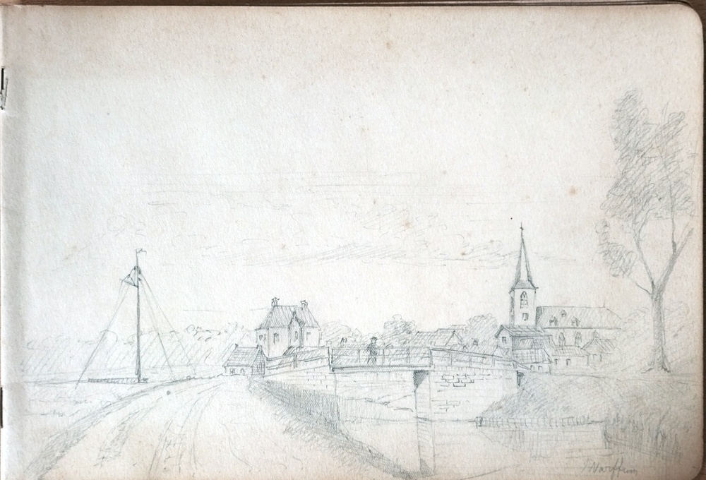 Schetsboek met verschillende tekeningen en aquarellen