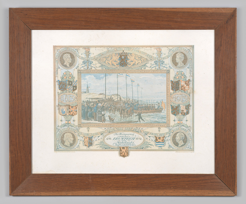 Prent ter ere van honderd jaar Nederlandse onafhankelijkheid, ingelijst, achter glas