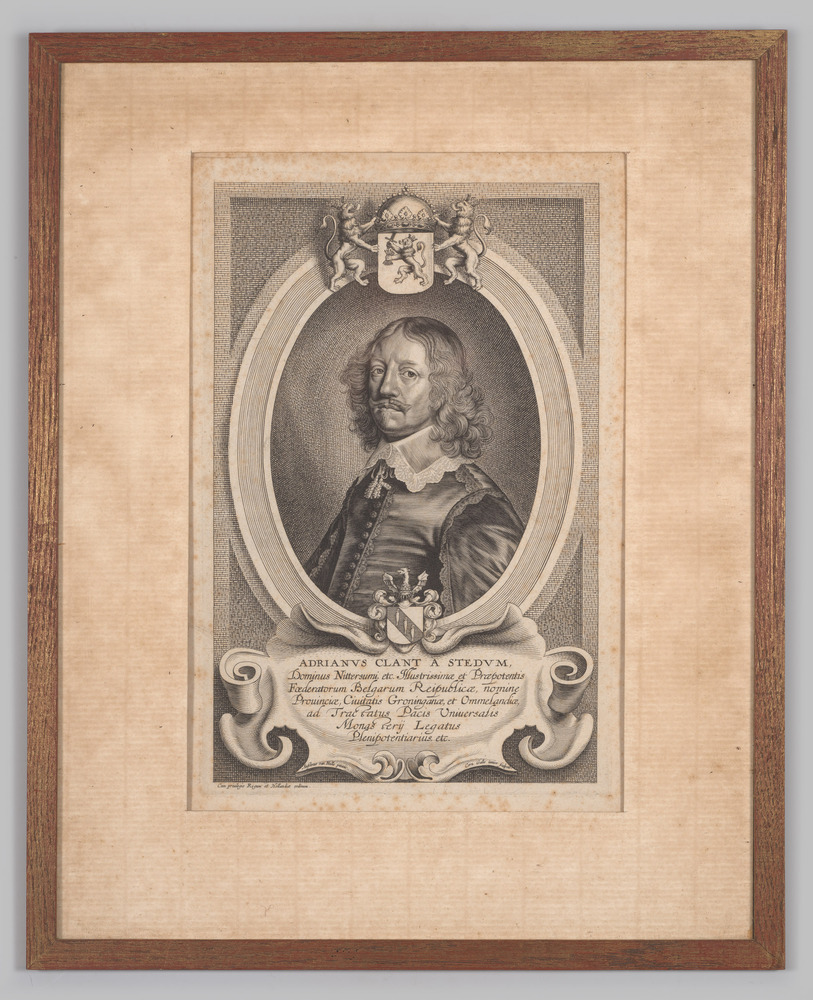 Reproductie van een pentekening met portret van Adriaen Clant, ingelijst, achter glas