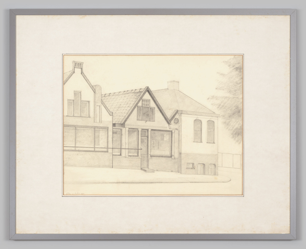 Tekening, ingelijst, achter glas, voorstellende enkele dorpspanden