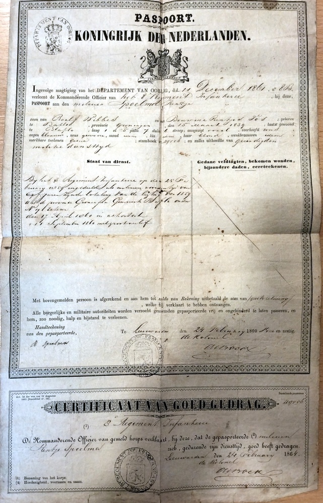 Paspoort Koninkrijk der Nederlanden. Afgeven 11 december 1861 aan Rentje Spoelman