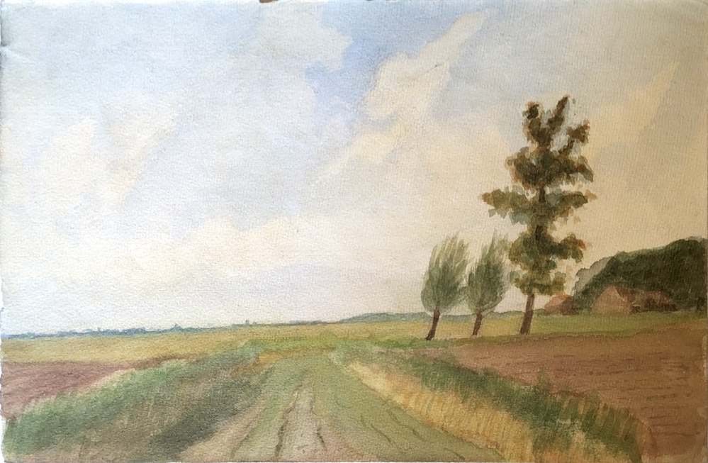 Aquarel voorstellende weiland achter Breede